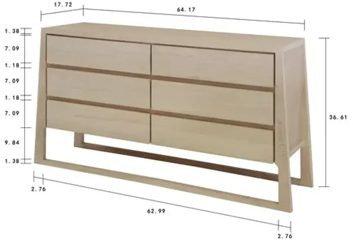 Renee 6-Drawer Dresser - Whitewash Pine - Handcrafted - Beige