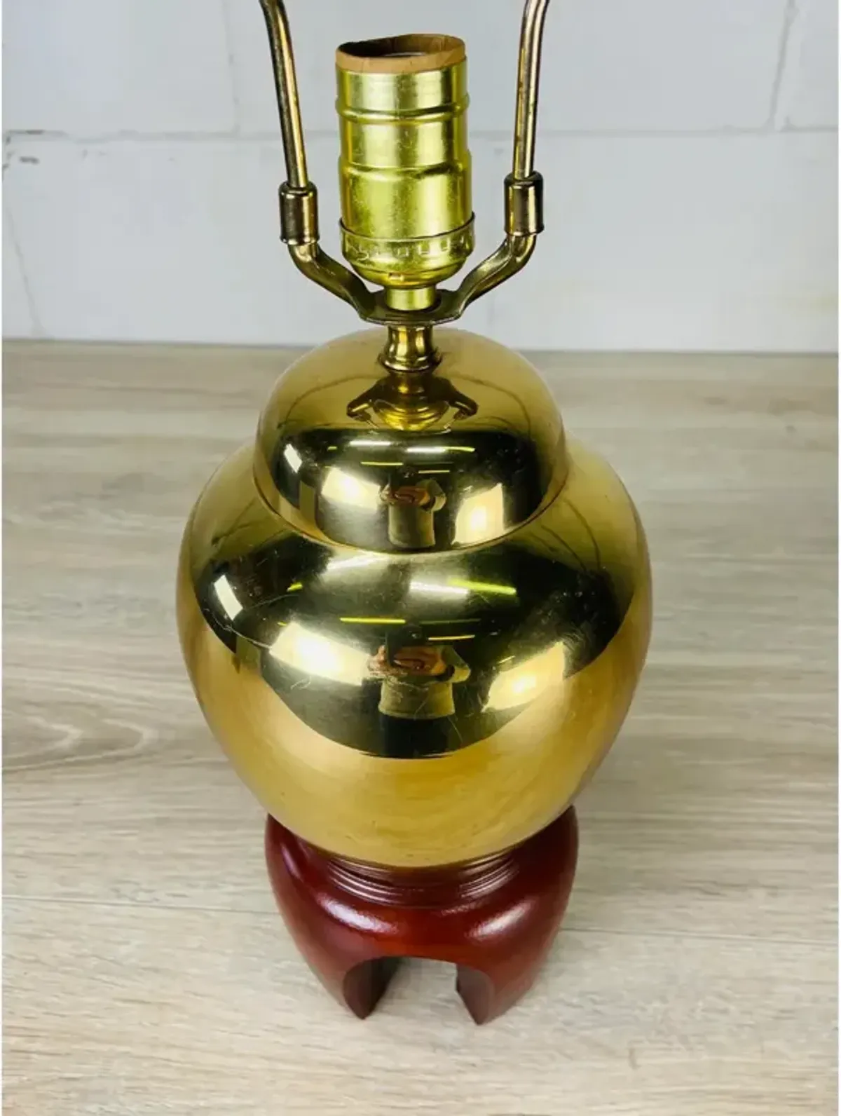 Brass & Mahogany Base Asian Table Lamp - 2-b-Modern