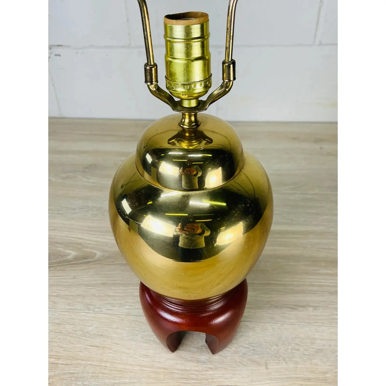 Brass & Mahogany Base Asian Table Lamp - 2-b-Modern