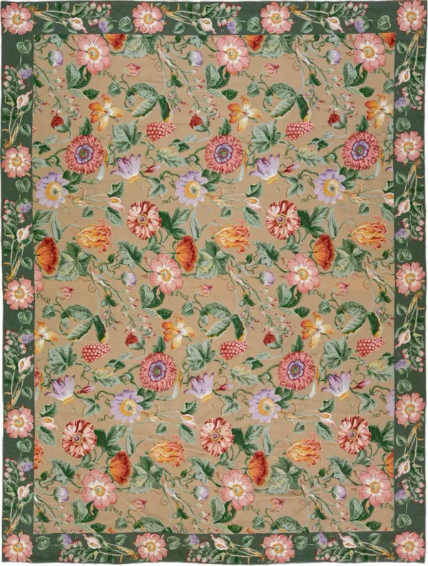 Vintage Portuguese Beige Wool Rug - Apadana - Green - Green
