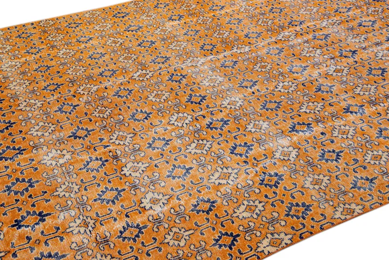 Vintage Turkish Orange Floral Wool Rug - Apadana - Orange