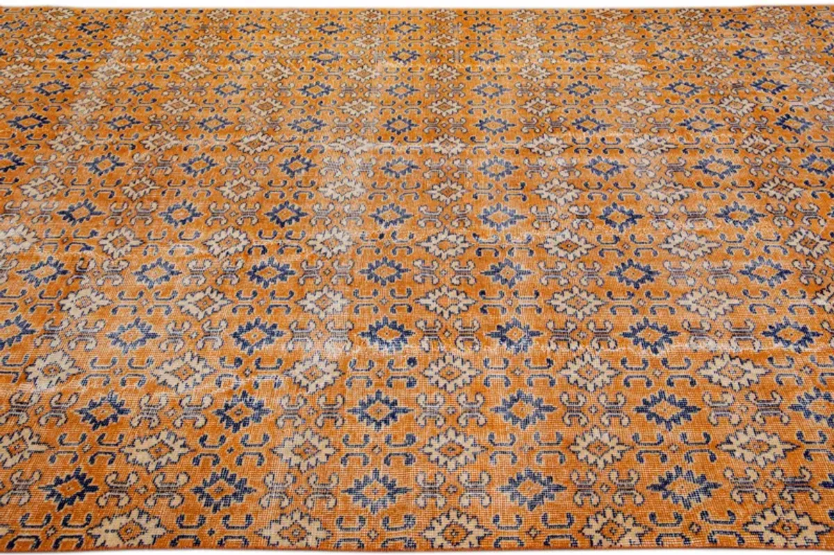 Vintage Turkish Orange Floral Wool Rug - Apadana - Orange