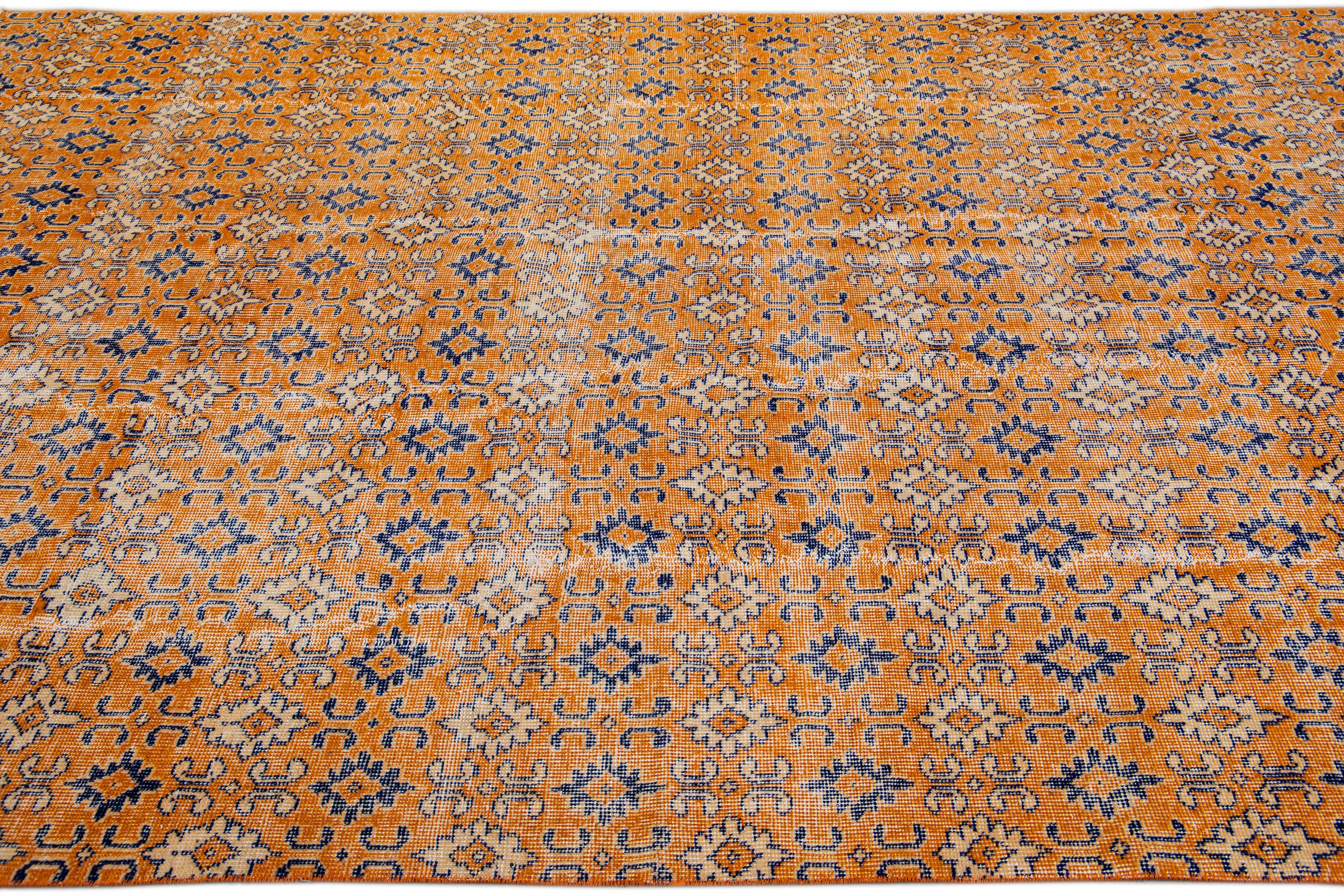 Vintage Turkish Orange Floral Wool Rug - Apadana - Orange