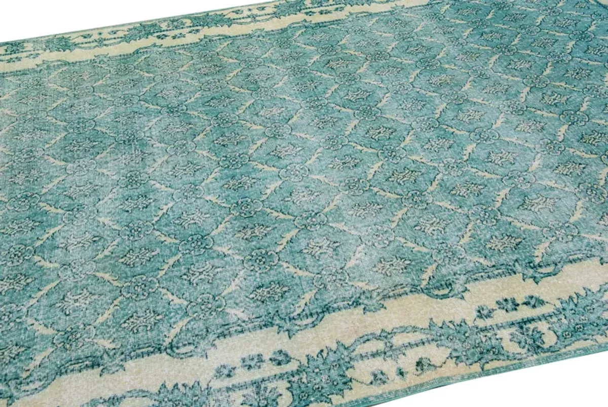 Vintage Turkish Teal Floral Wool Rug - Apadana - Green - Green