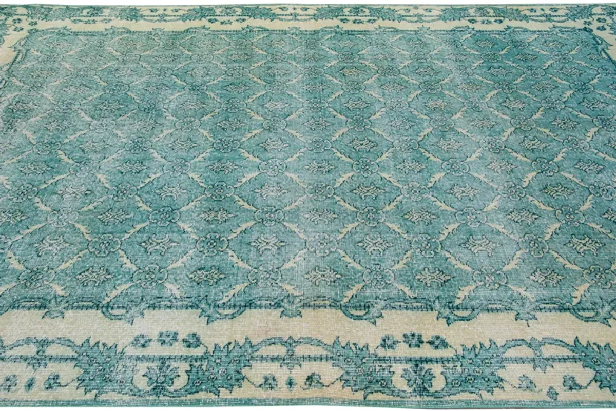 Vintage Turkish Teal Floral Wool Rug - Apadana - Green - Green