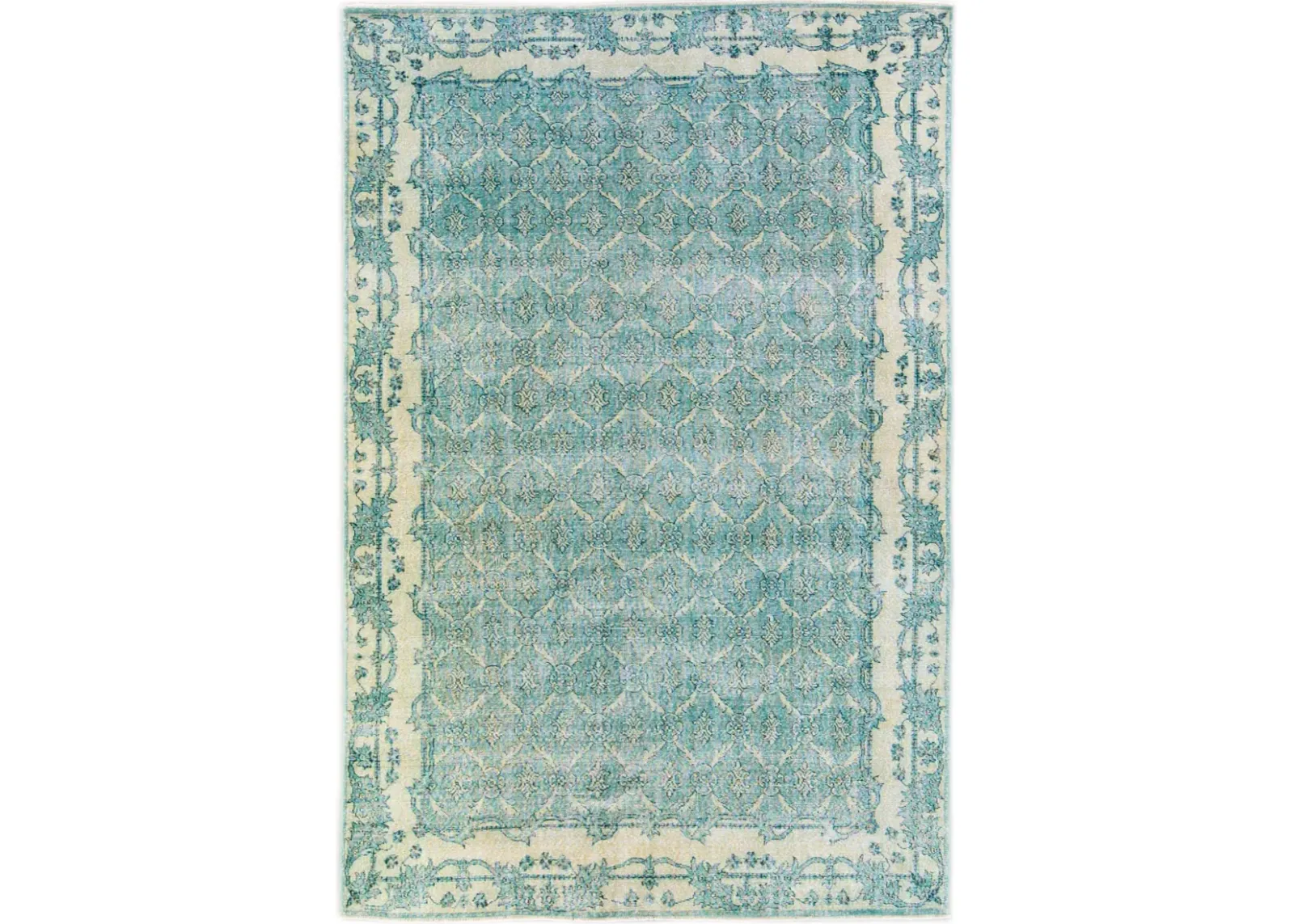 Vintage Turkish Teal Floral Wool Rug - Apadana - Green - Green