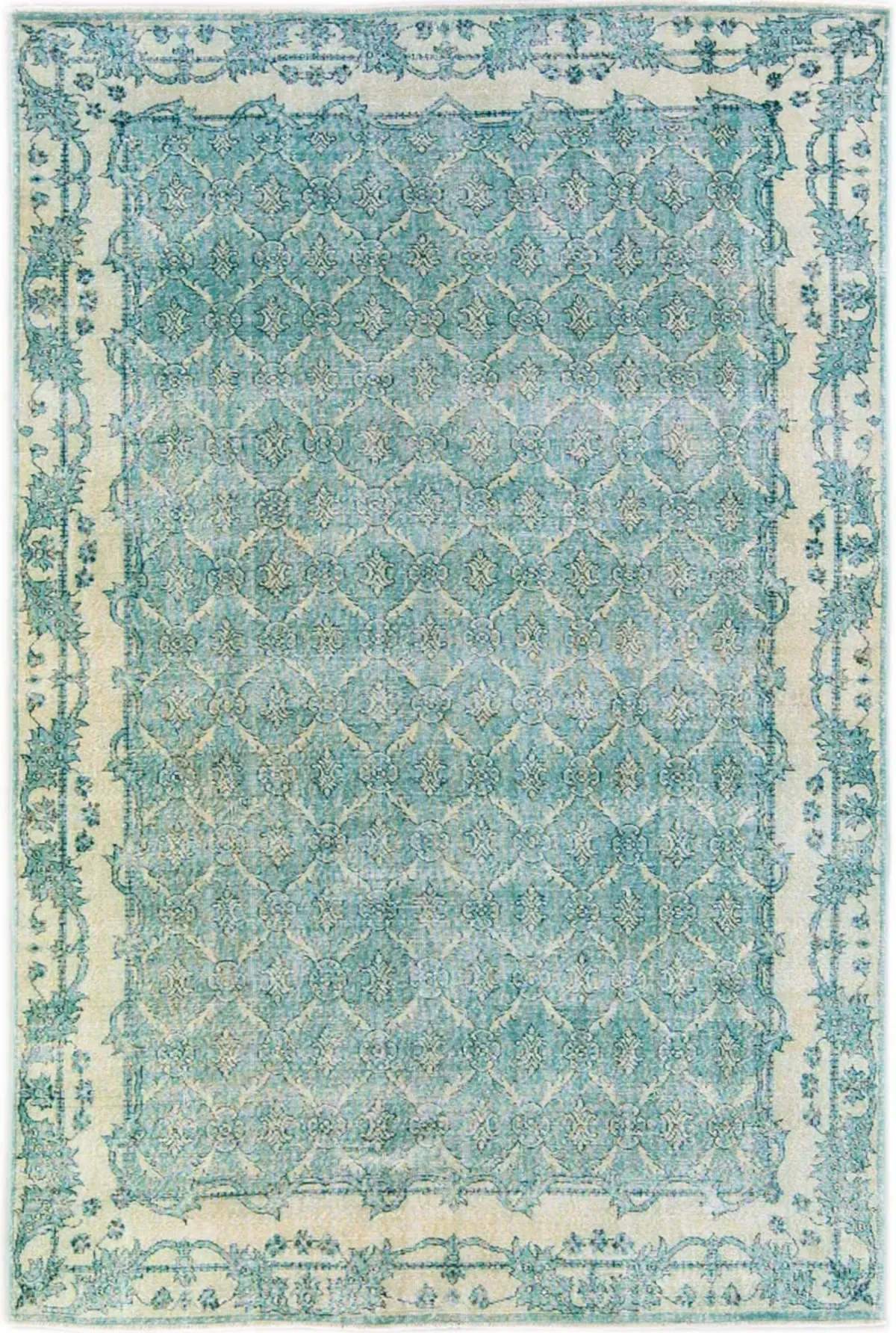 Vintage Turkish Teal Floral Wool Rug - Apadana - Green - Green