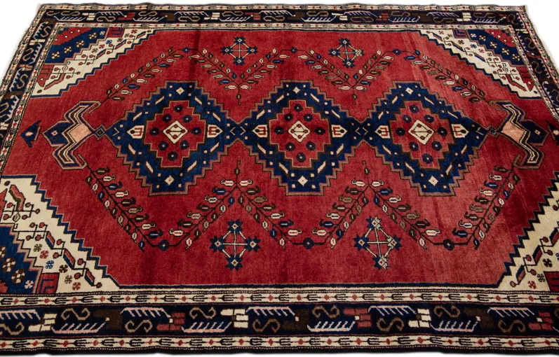 Persian Red Geometric Wool Rug - Apadana - Red