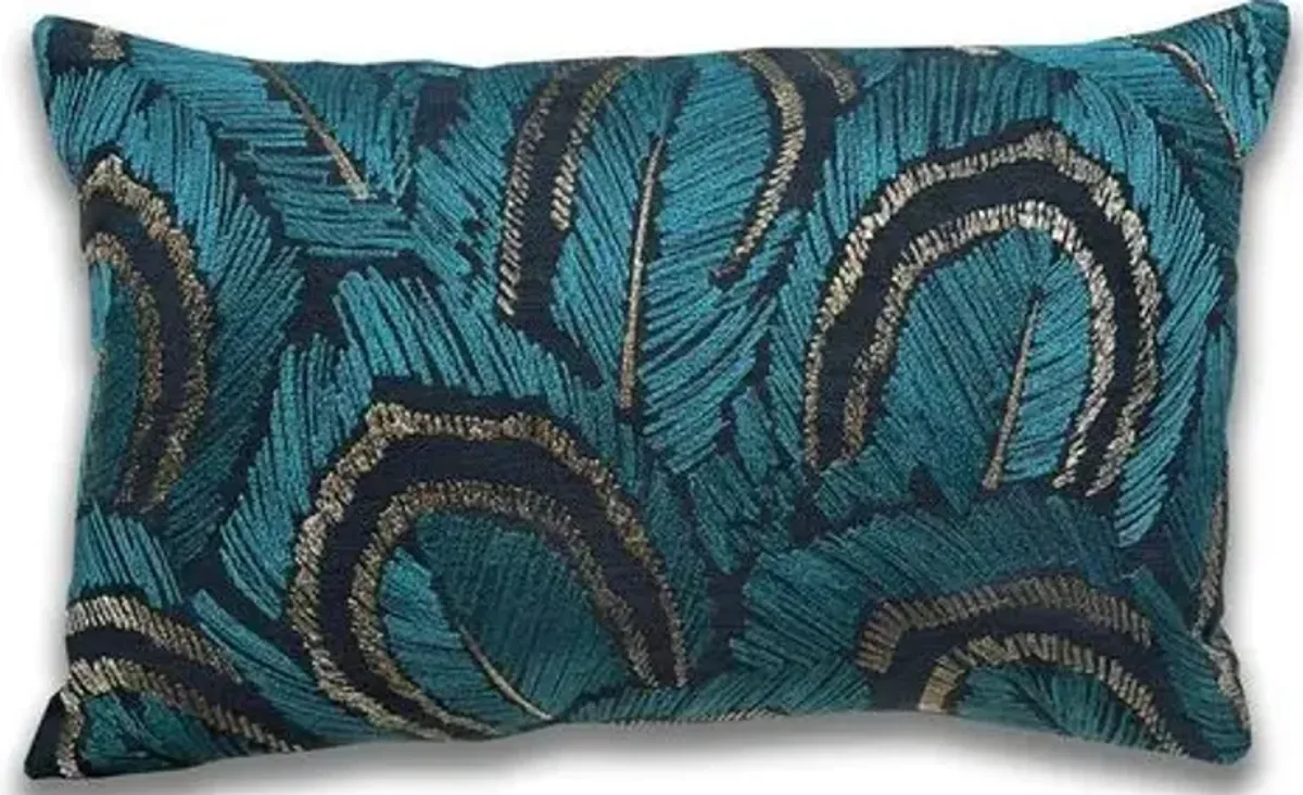 Quill Peacock 14x20 Lumbar Pillow - Teal/Gold - Kim Salmela