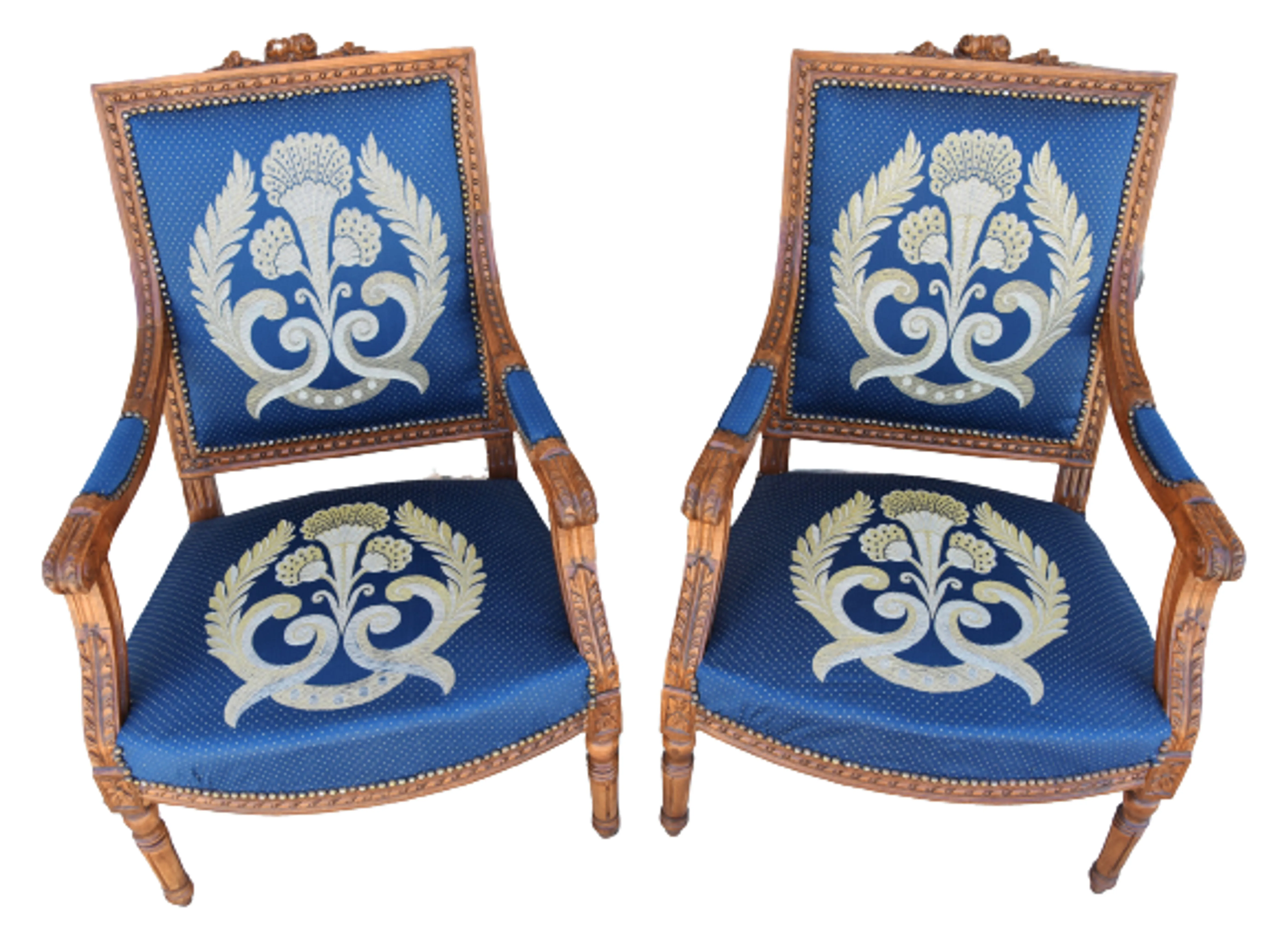 Antique Carved Blue Silk Armchairs - Pr