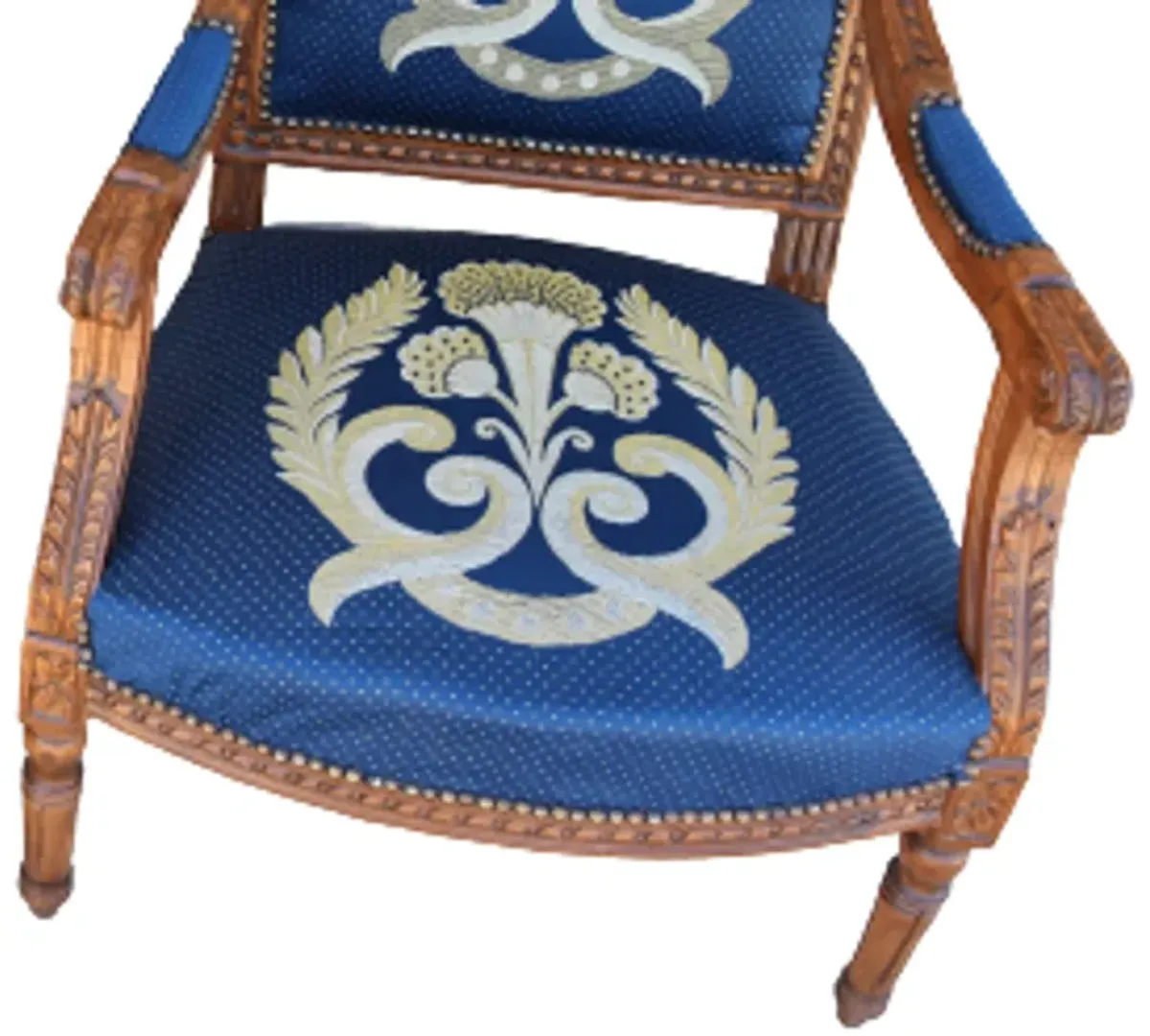 Antique Carved Blue Silk Armchairs - Pr