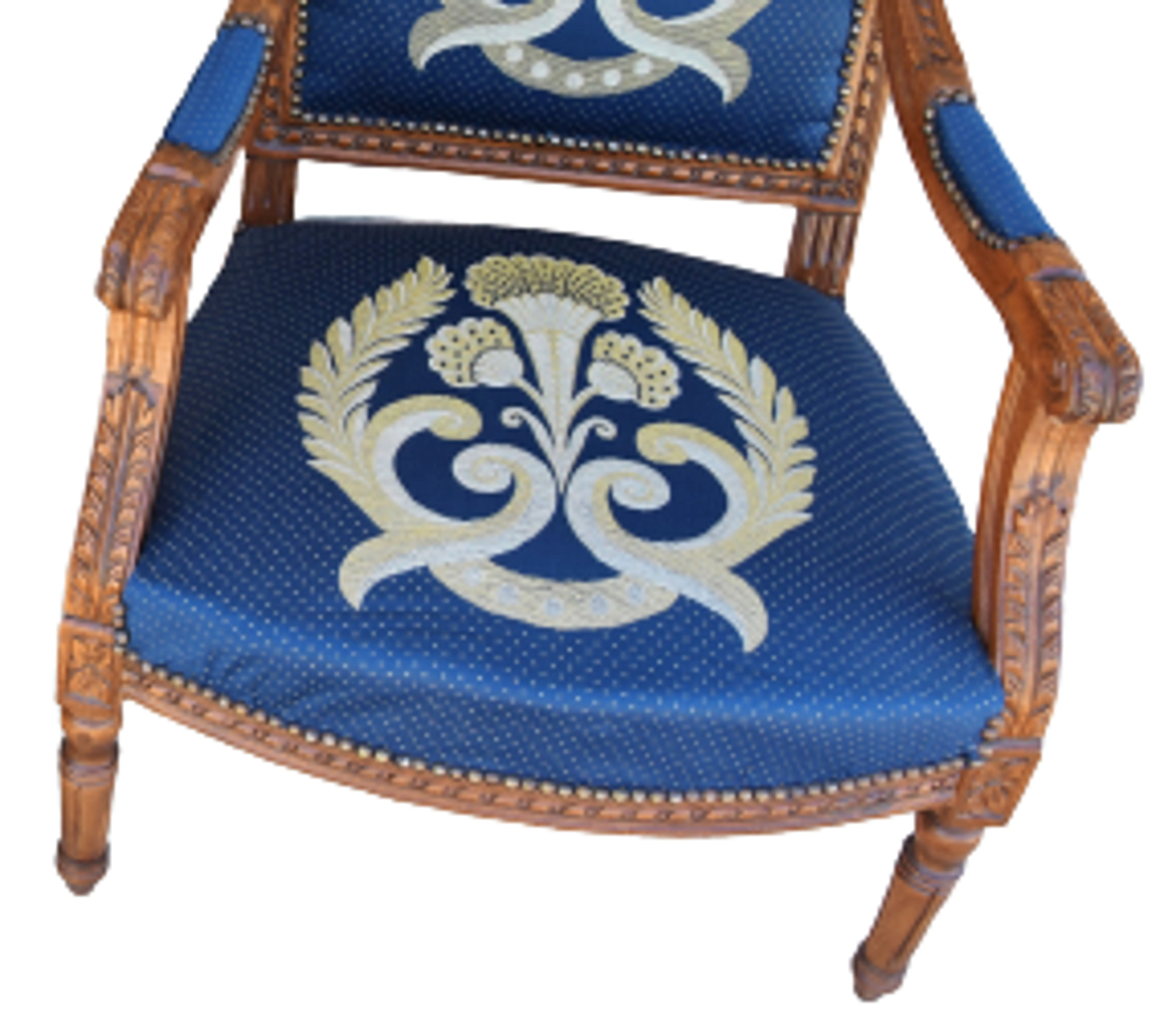 Antique Carved Blue Silk Armchairs - Pr