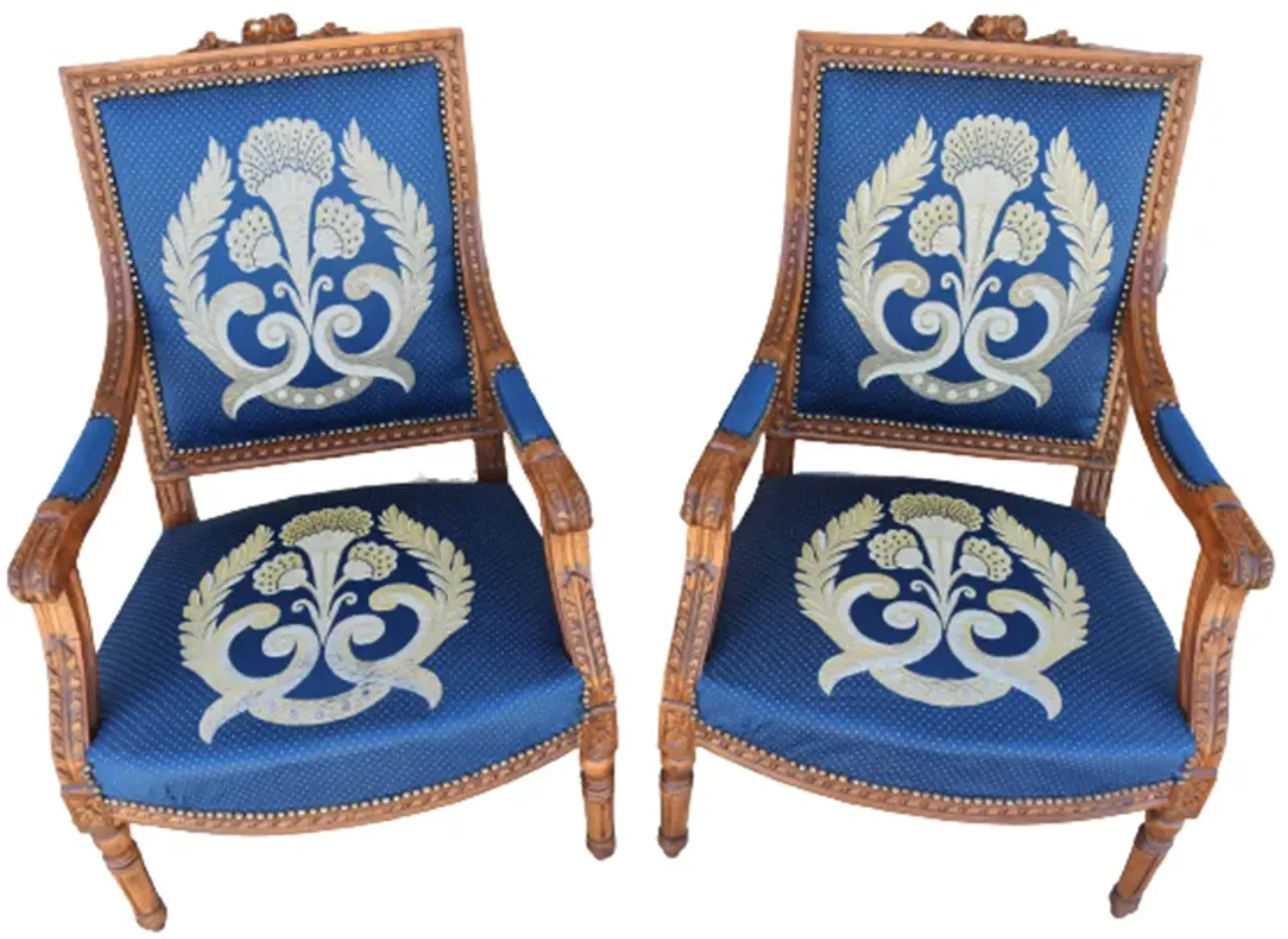 Antique Carved Blue Silk Armchairs - Pr