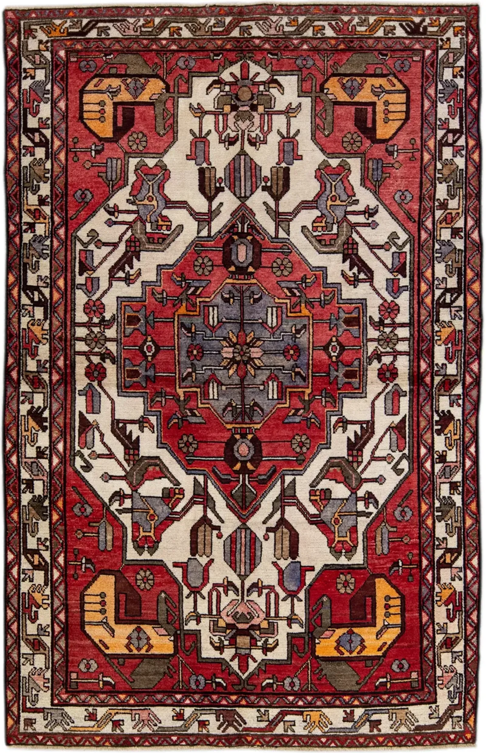 Handmade Red Geometric Wool Rug - Apadana - Red