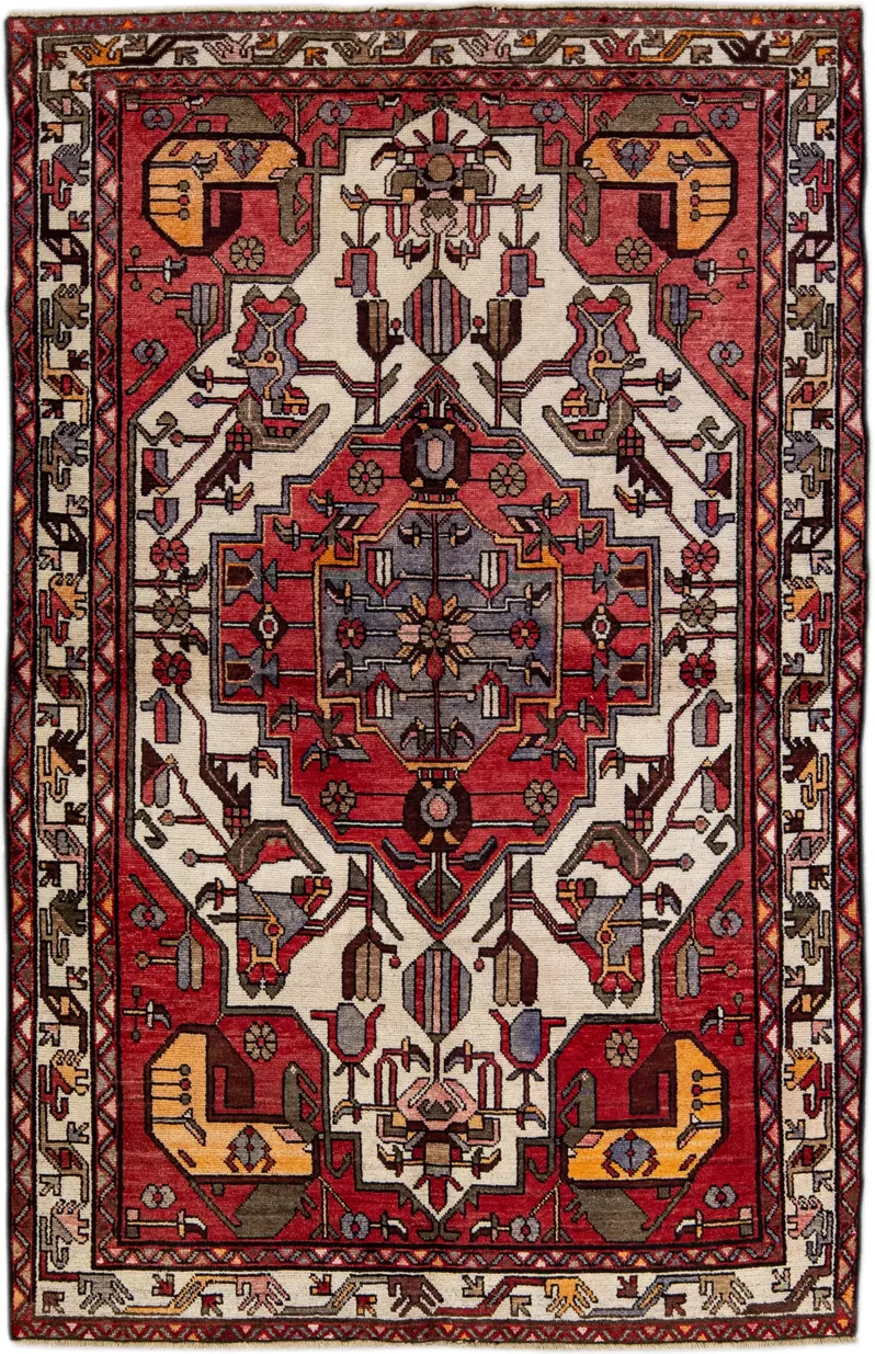 Handmade Red Geometric Wool Rug - Apadana - Red