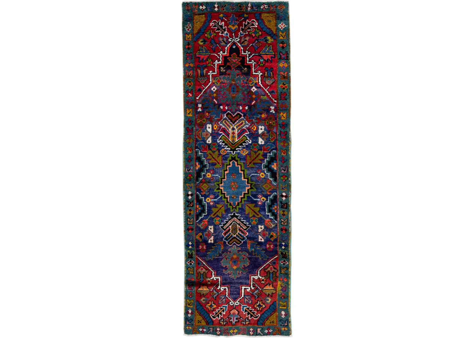 Vintage Handmade Blue Wool Runner Rug - Apadana - Red - Red