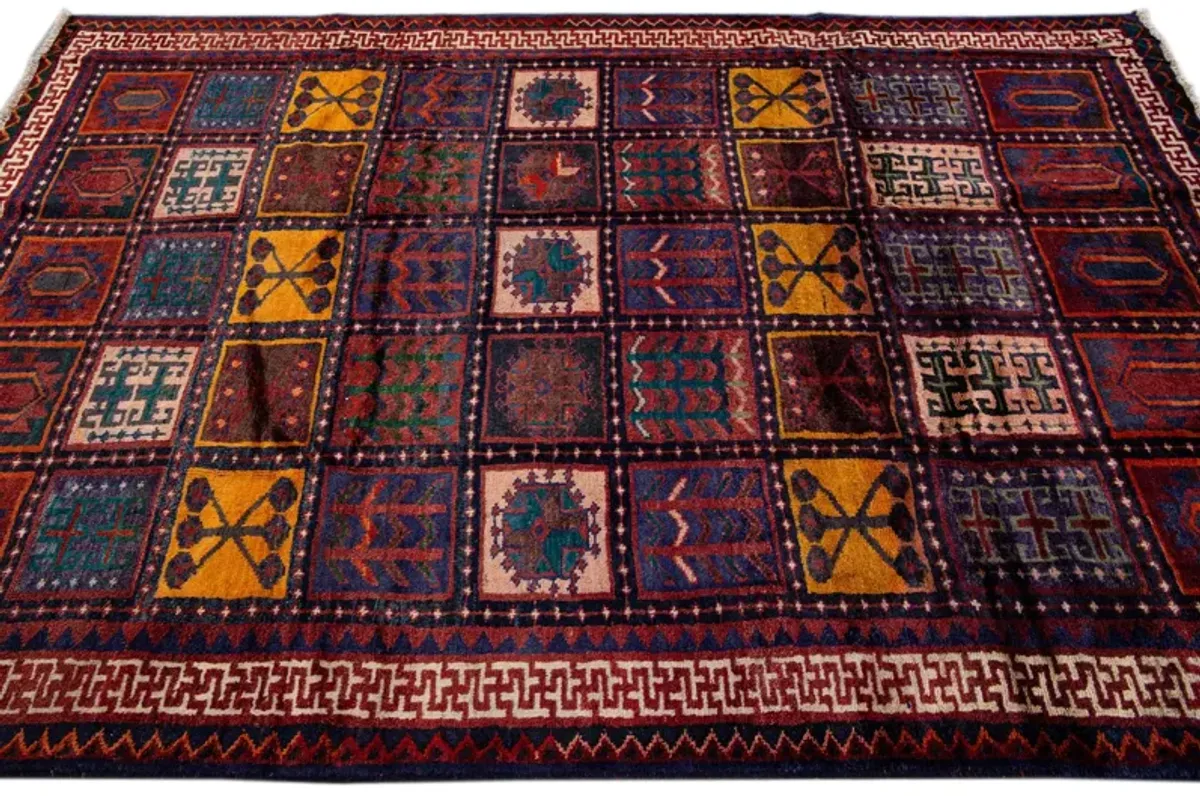 Vintage Handmade Red Geometric Wool Rug - Apadana - Purple - Purple