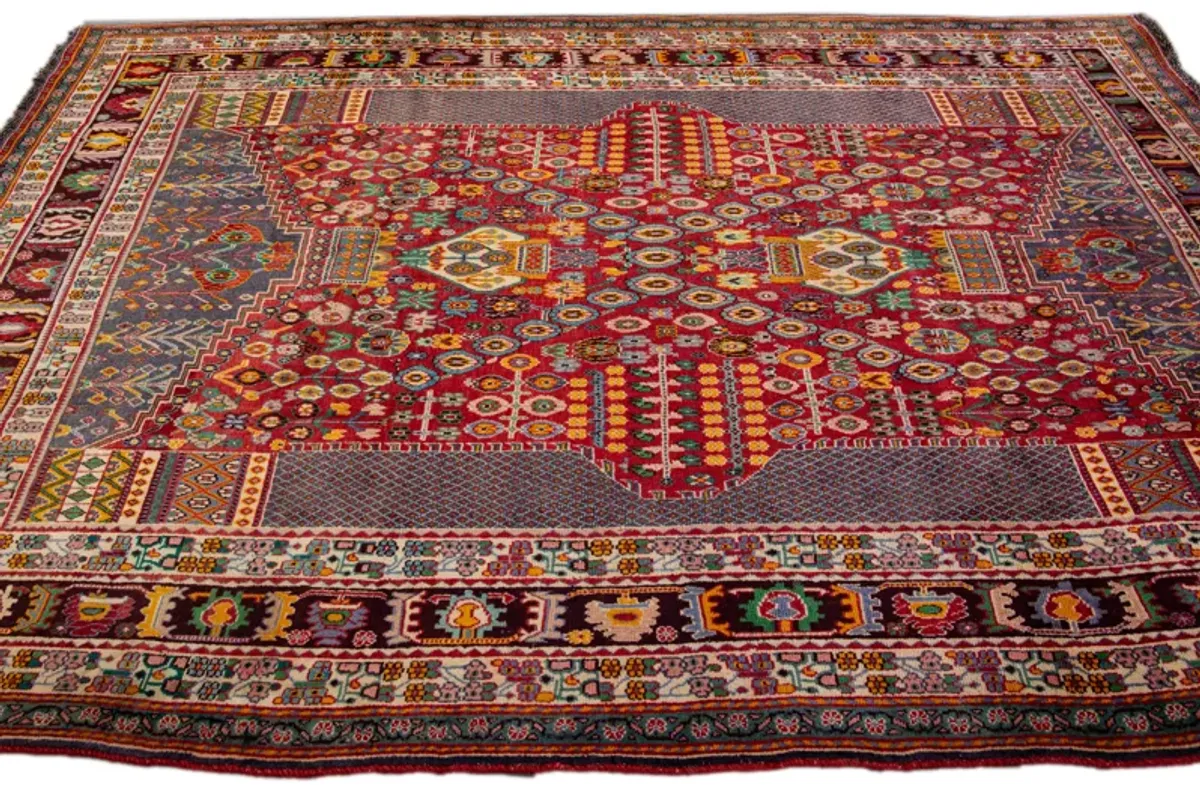 Vintage Handmade Shiraz Red Wool Rug - Apadana - Red