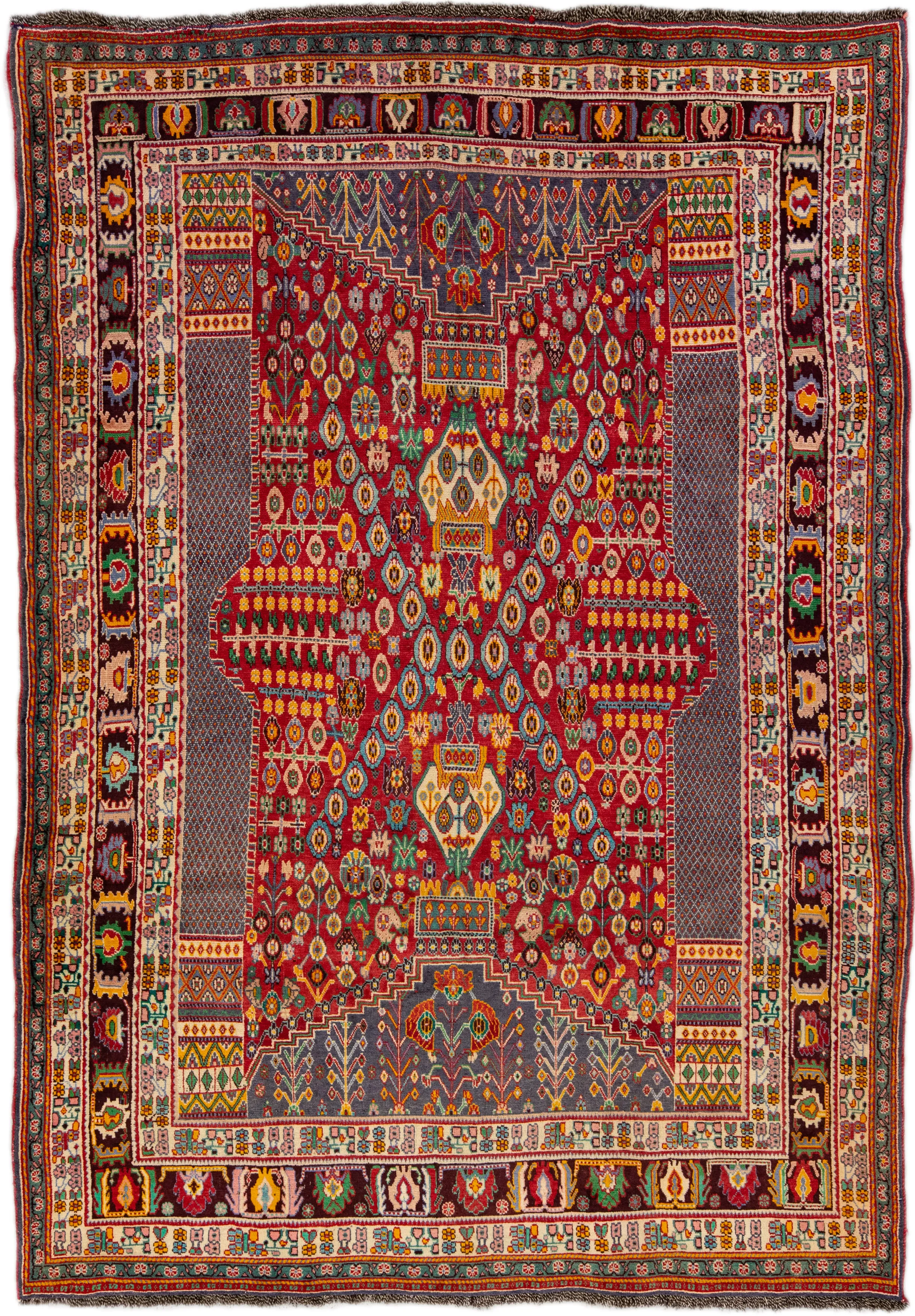 Vintage Handmade Shiraz Red Wool Rug - Apadana - Red