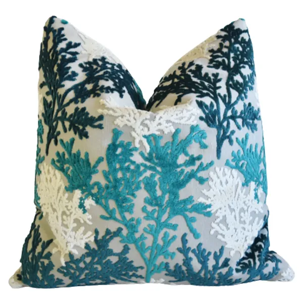 Aqua, White & Blue Coral Velvet Pillow