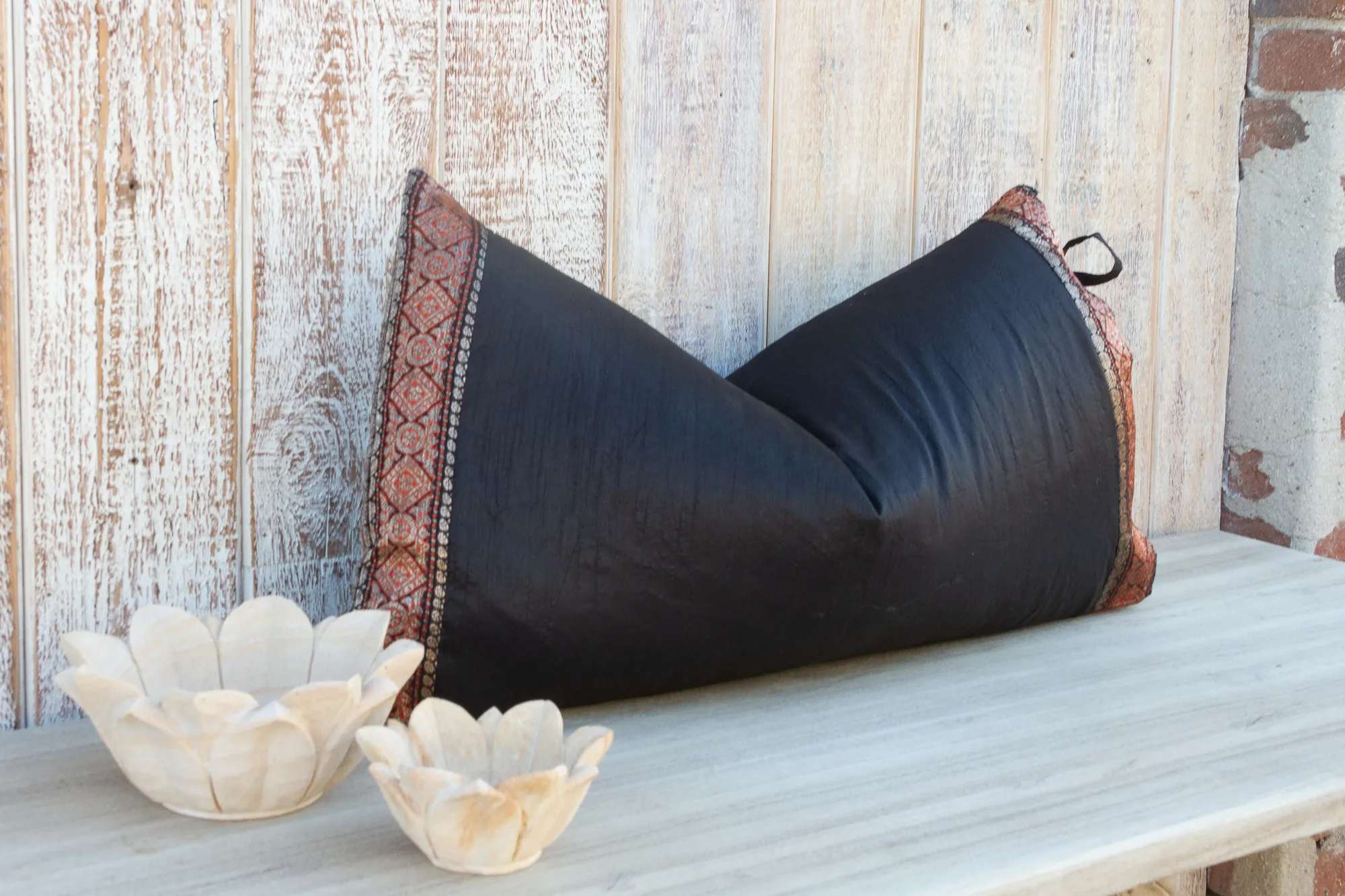 Black Large Festive Indian Silk Pillow - de-cor
