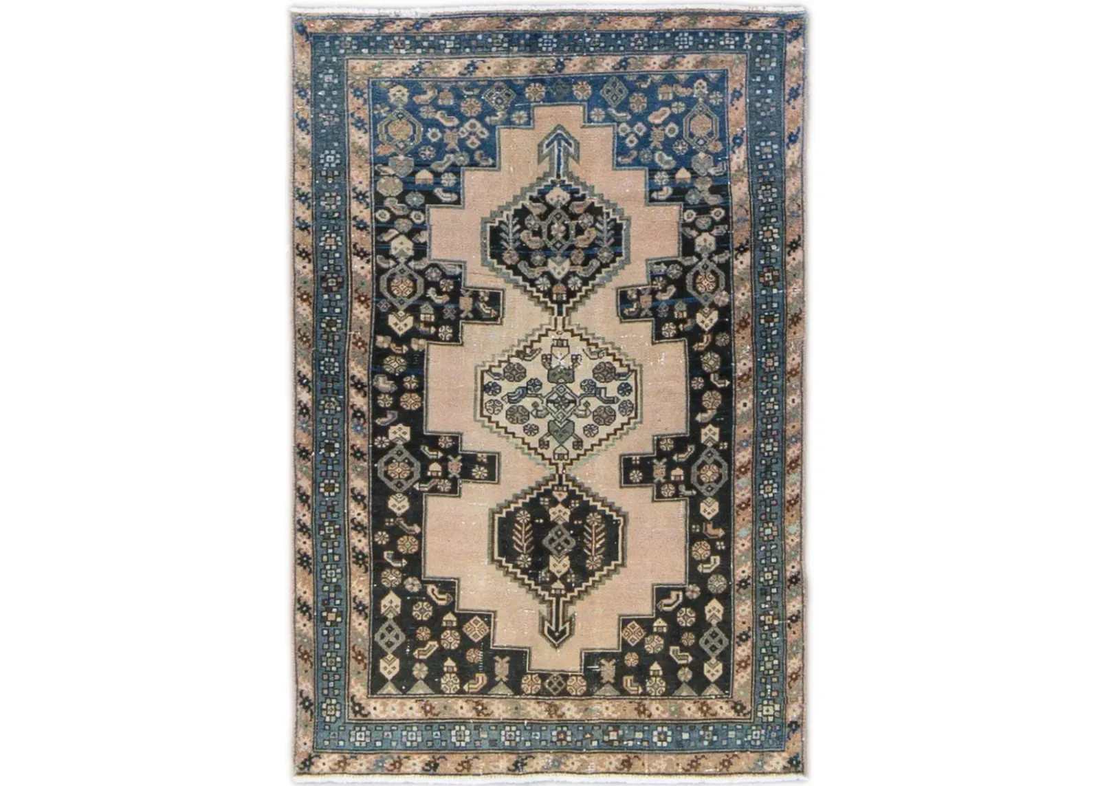 Vintage Tribal Blue & Beige Rug 4' x 6'1 - Apadana - Blue