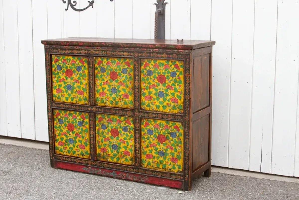 Antique Painted Floral Tibetan Cabinet - de-cor - Yellow