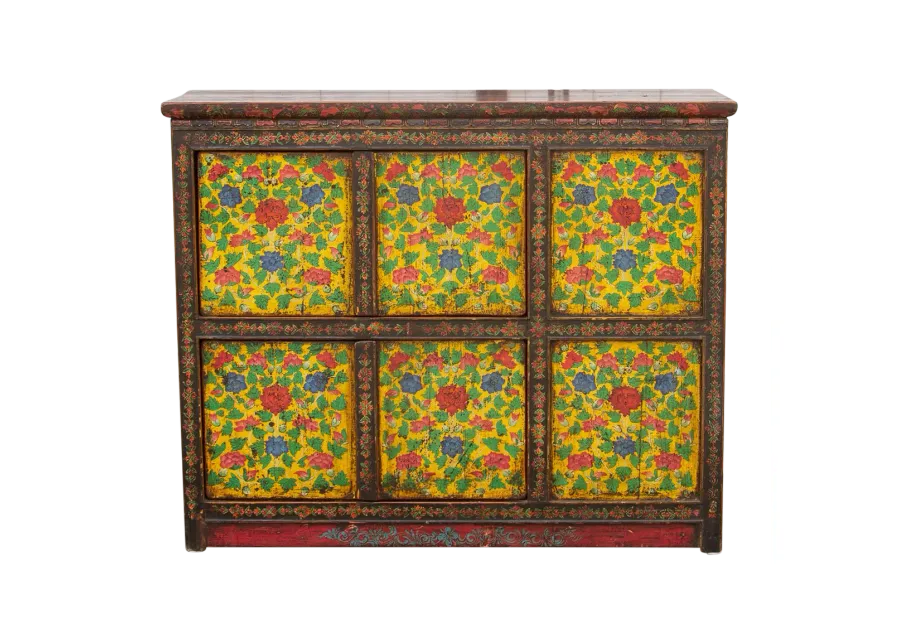 Antique Painted Floral Tibetan Cabinet - de-cor - Yellow