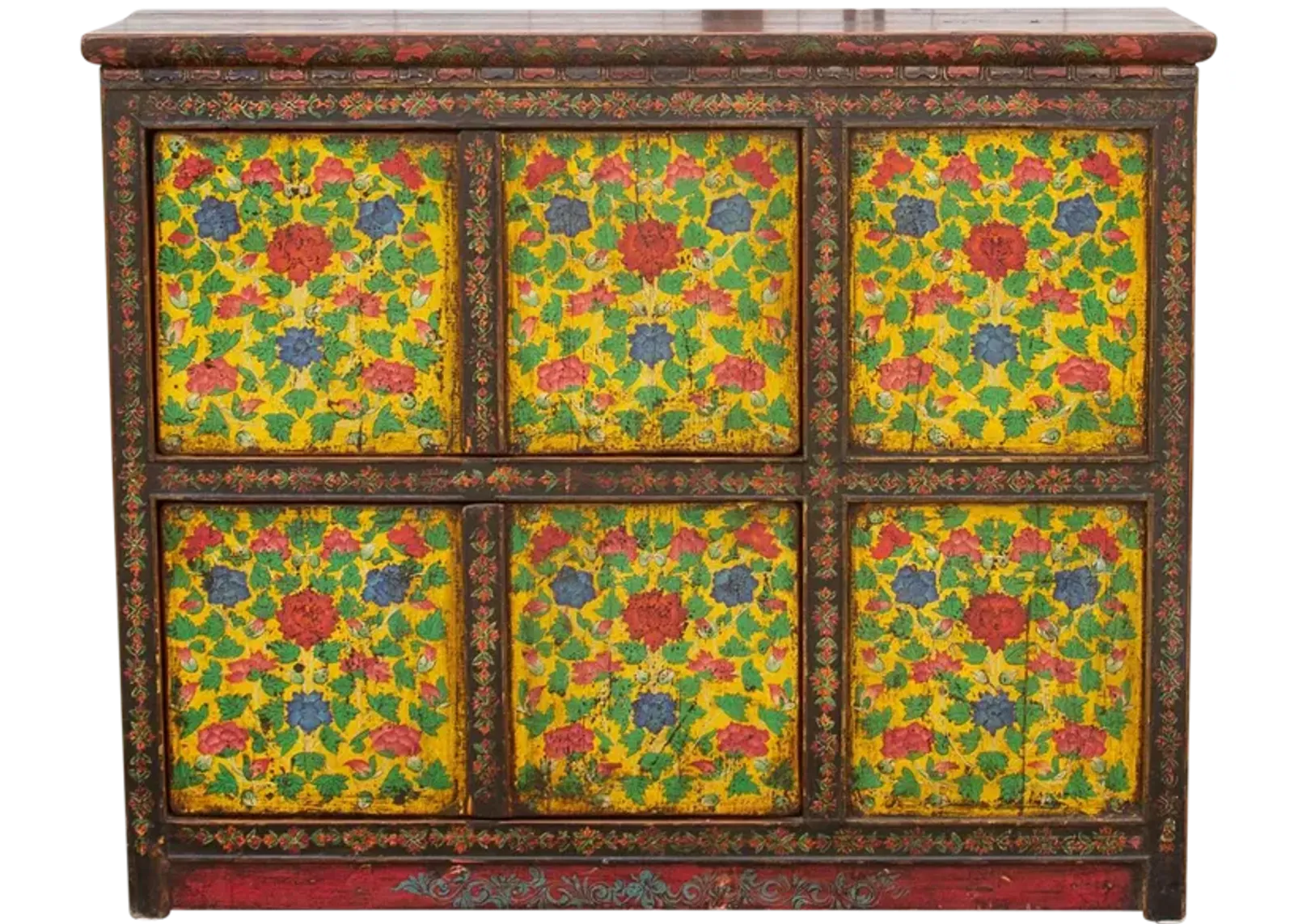 Antique Painted Floral Tibetan Cabinet - de-cor - Yellow