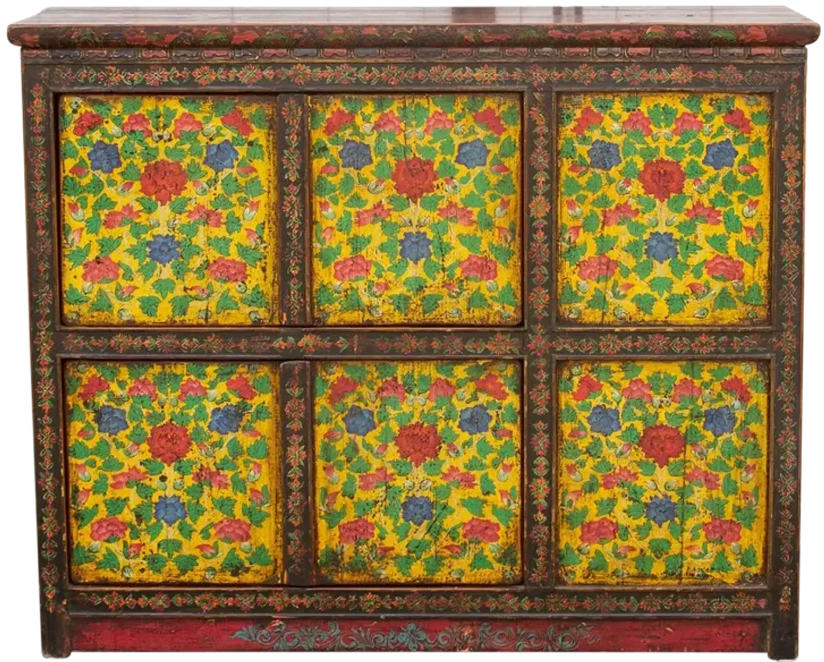 Antique Painted Floral Tibetan Cabinet - de-cor - Yellow