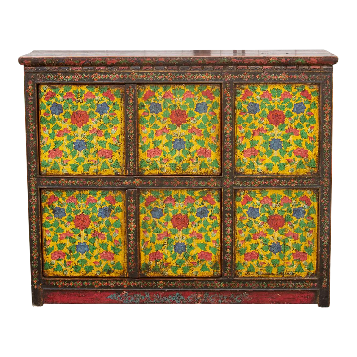 Antique Painted Floral Tibetan Cabinet - de-cor - Yellow