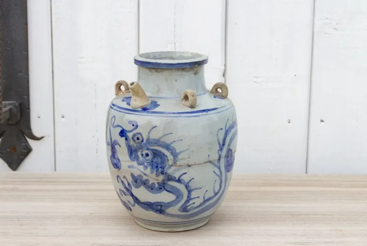 Vintage Colorful Asian Blue & White Pot - de-cor