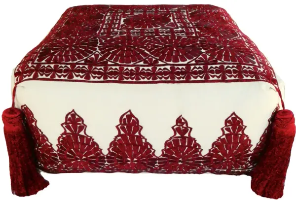 Red Hand Embroidered Linen Pouf - Habibi Imports - Handcrafted