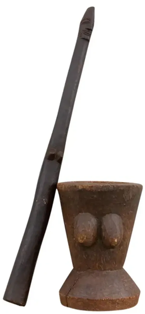 Rare African Carved Outdoor Mortar & Pestle - de-cor - Brown