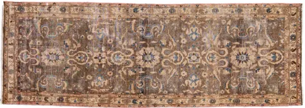 Vintage Brown Floral Wool Runner - Apadana