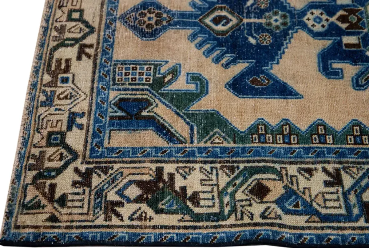 Vintage Beige Geometric Rug 3'4" x 5' - Apadana - Blue - Blue