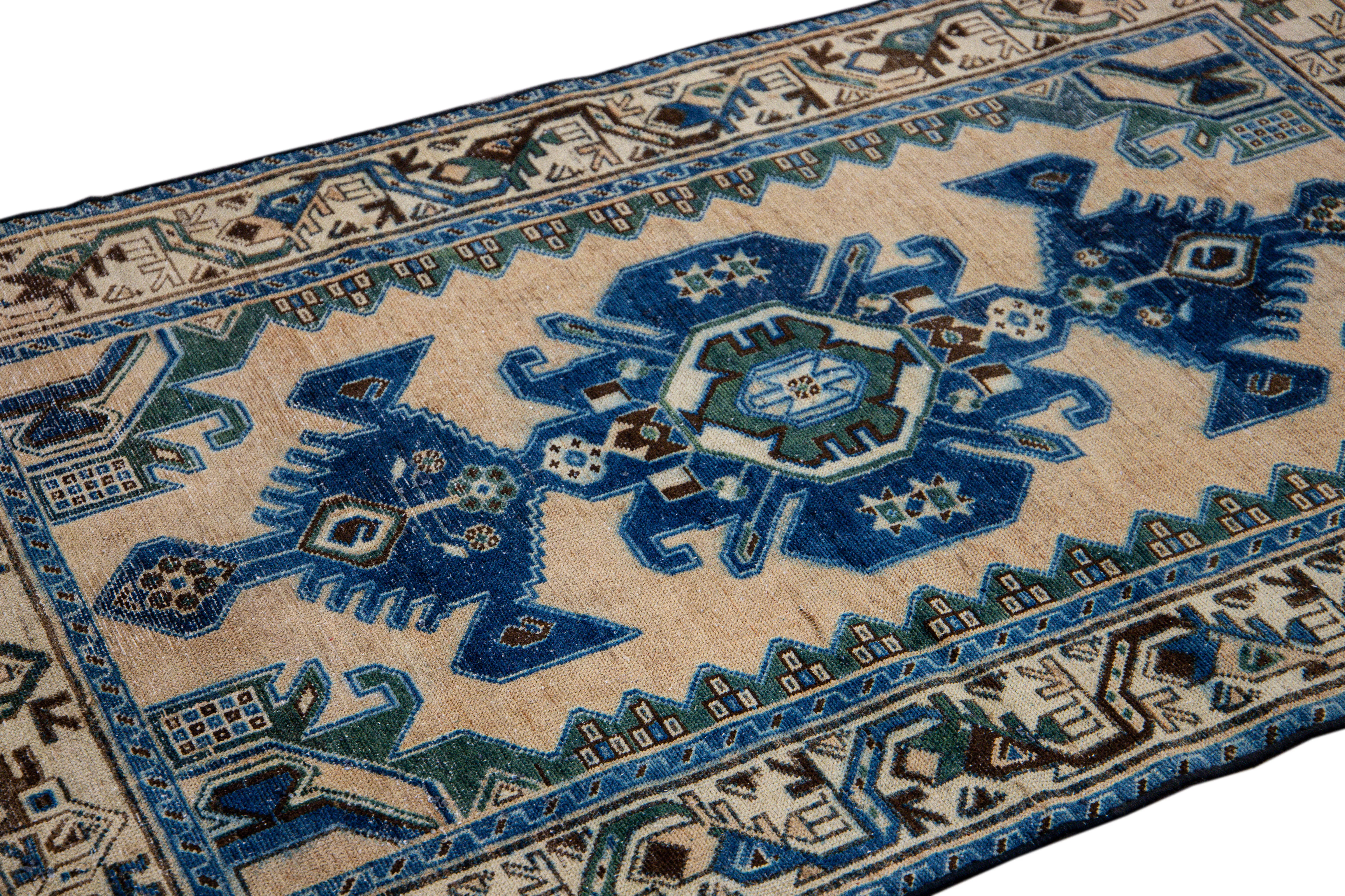 Vintage Beige Geometric Rug 3'4" x 5' - Apadana - Blue - Blue