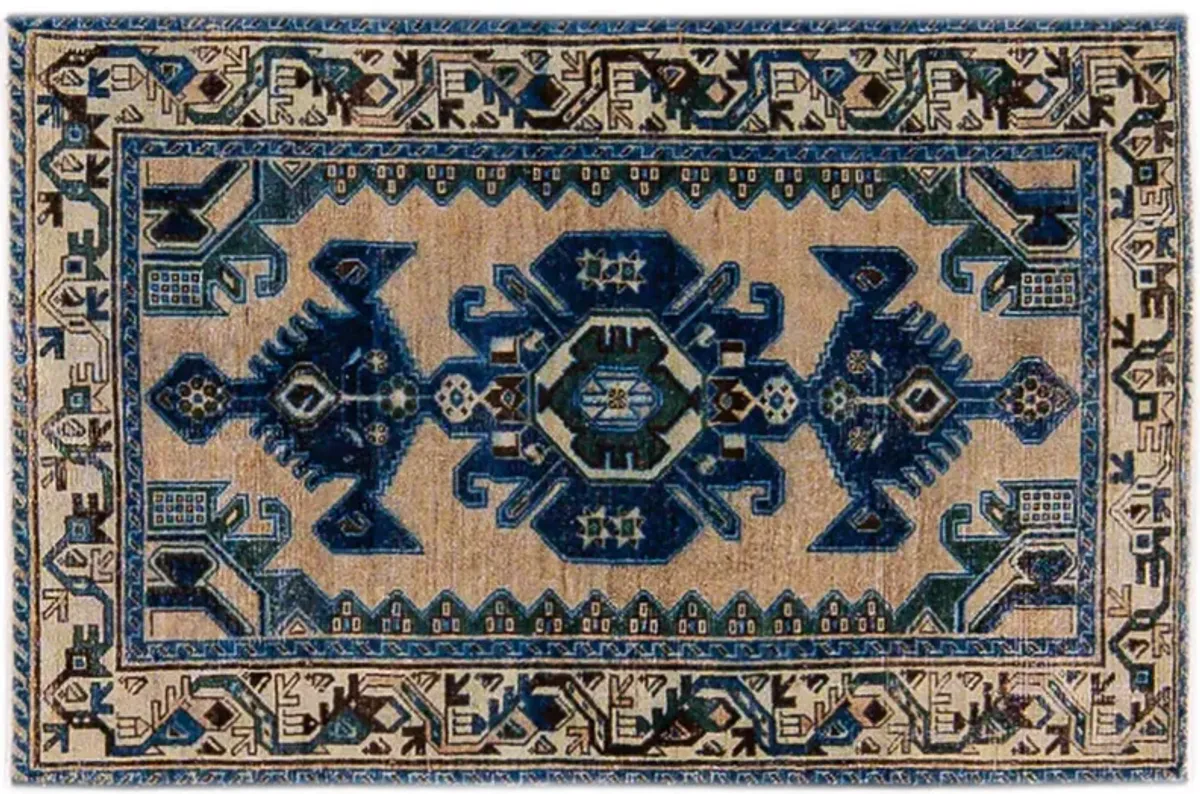 Vintage Beige Geometric Rug 3'4" x 5' - Apadana - Blue - Blue