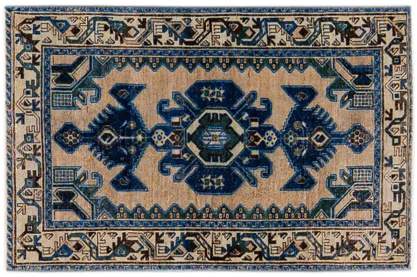 Vintage Beige Geometric Rug 3'4" x 5' - Apadana - Blue - Blue