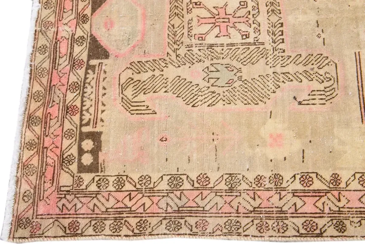 Vintage Geometric Beige Wool Rug - Apadana - Pink - Pink