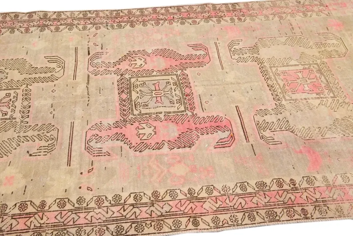 Vintage Geometric Beige Wool Rug - Apadana - Pink - Pink