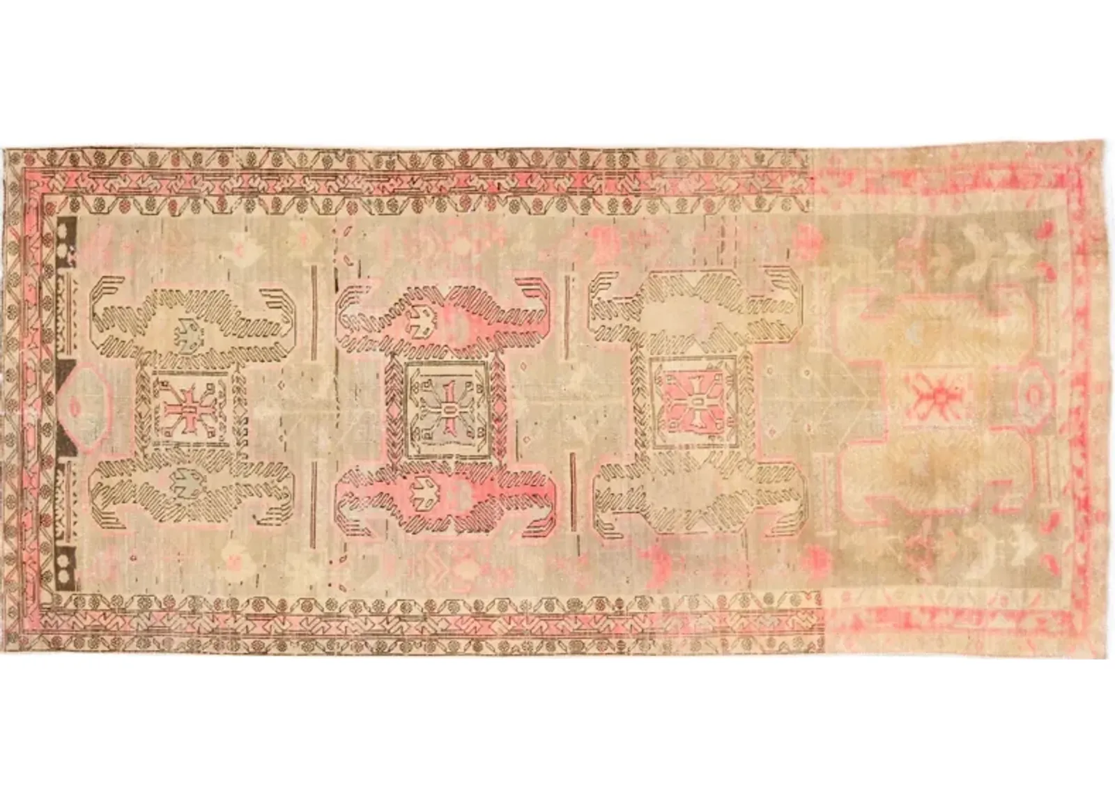 Vintage Geometric Beige Wool Rug - Apadana - Pink - Pink