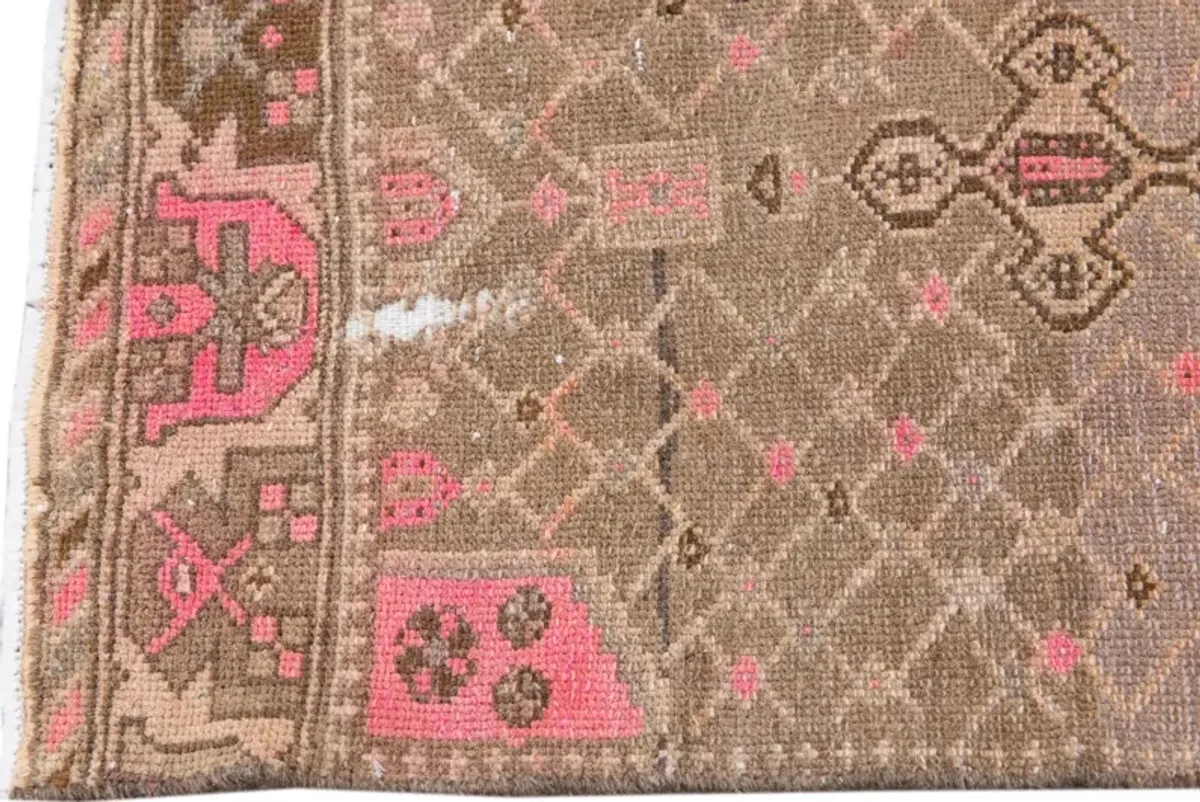 Vintage Geometric Brown Wool Runner - Apadana - Pink