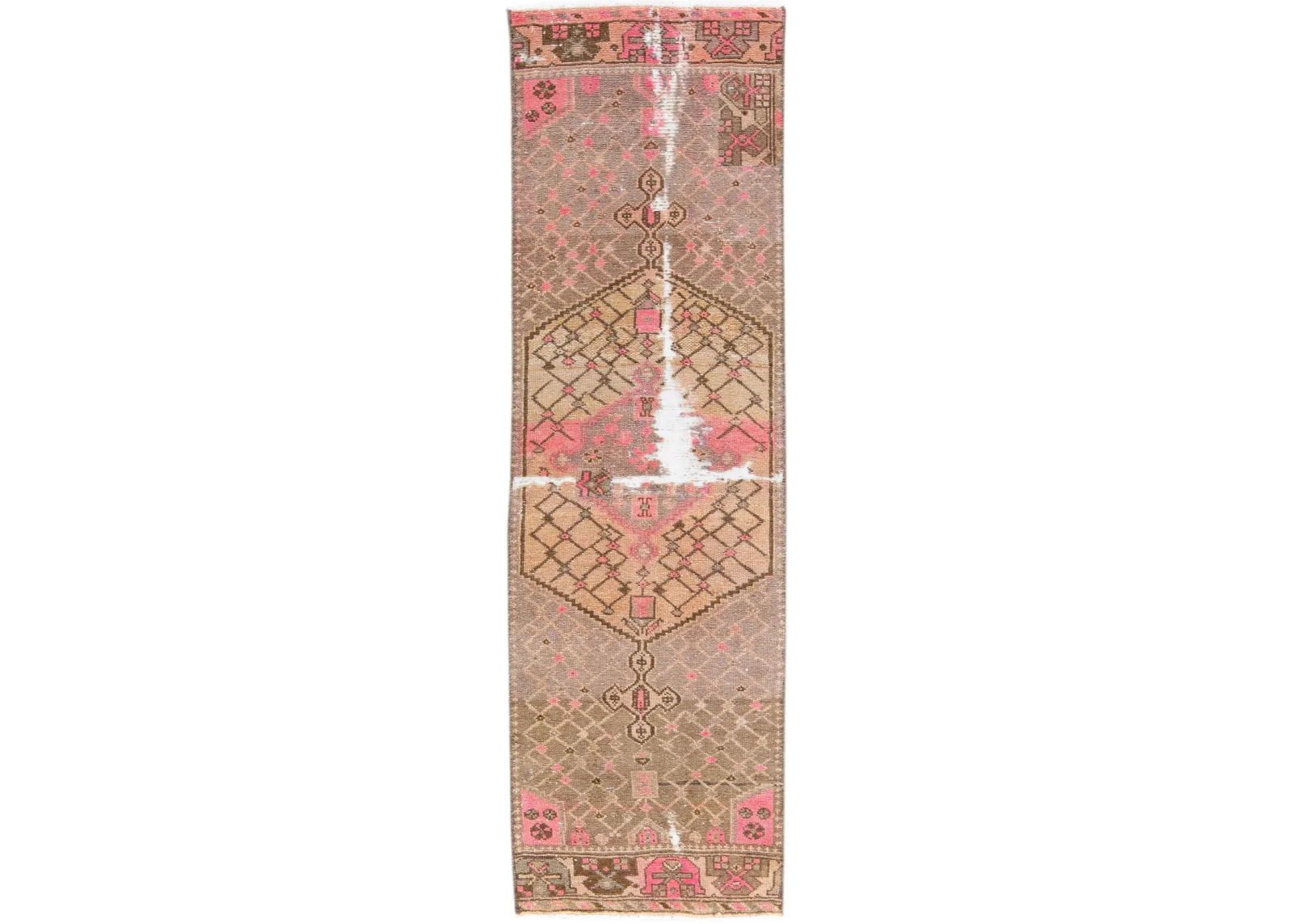 Vintage Geometric Brown Wool Runner - Apadana - Pink