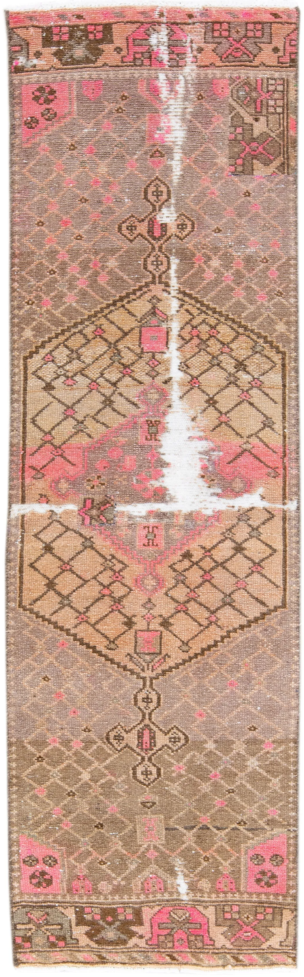 Vintage Geometric Brown Wool Runner - Apadana - Pink