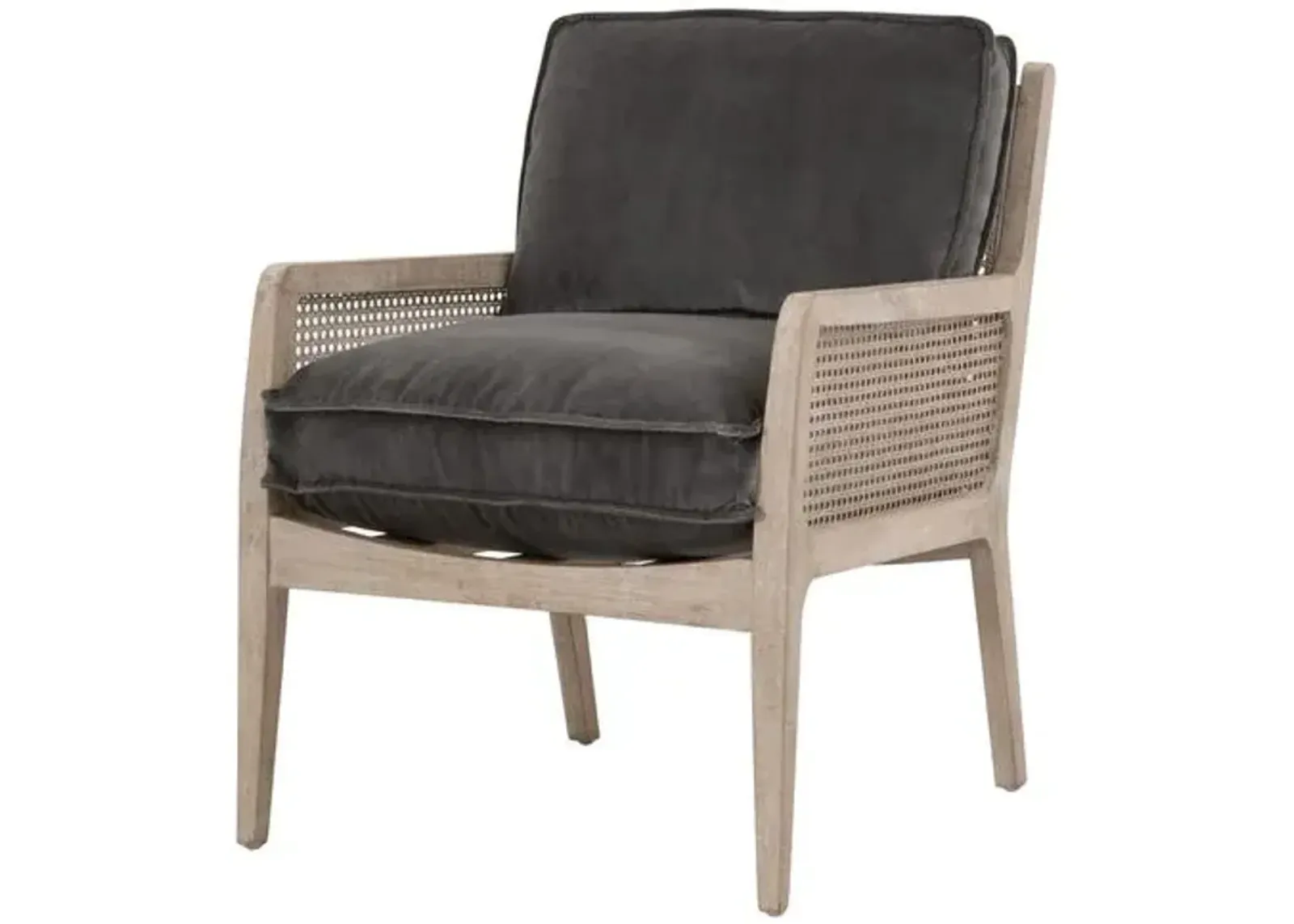 Winnie Cane Accent Chair - Dark Dove Velvet/Natural Gray, Comfortable, Durable, Velvet Upholstery, Cushioned