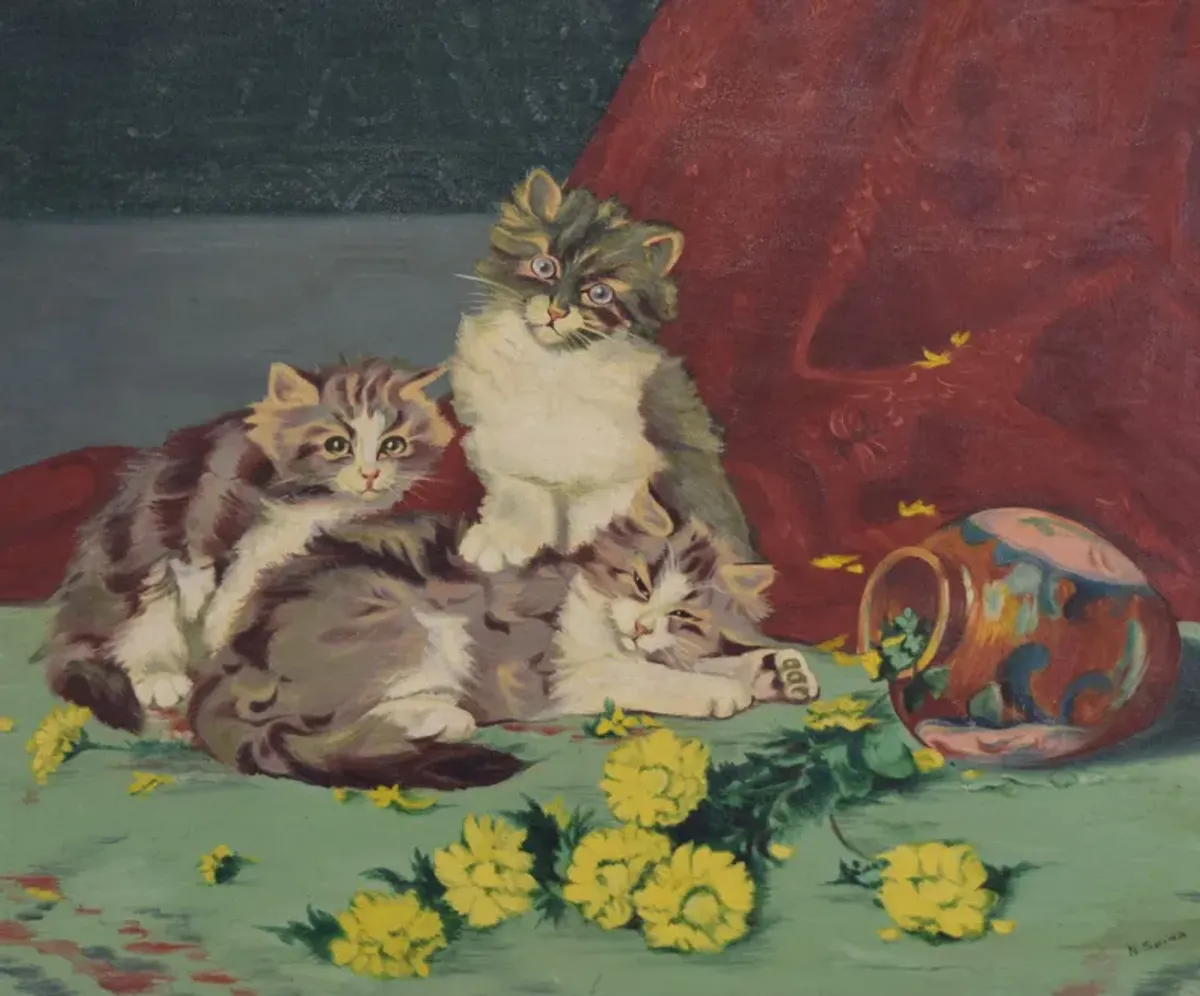 Limited Edition - Antique Oil Painting of Kittens C.1900 - Antiquarian Art Company - Purple