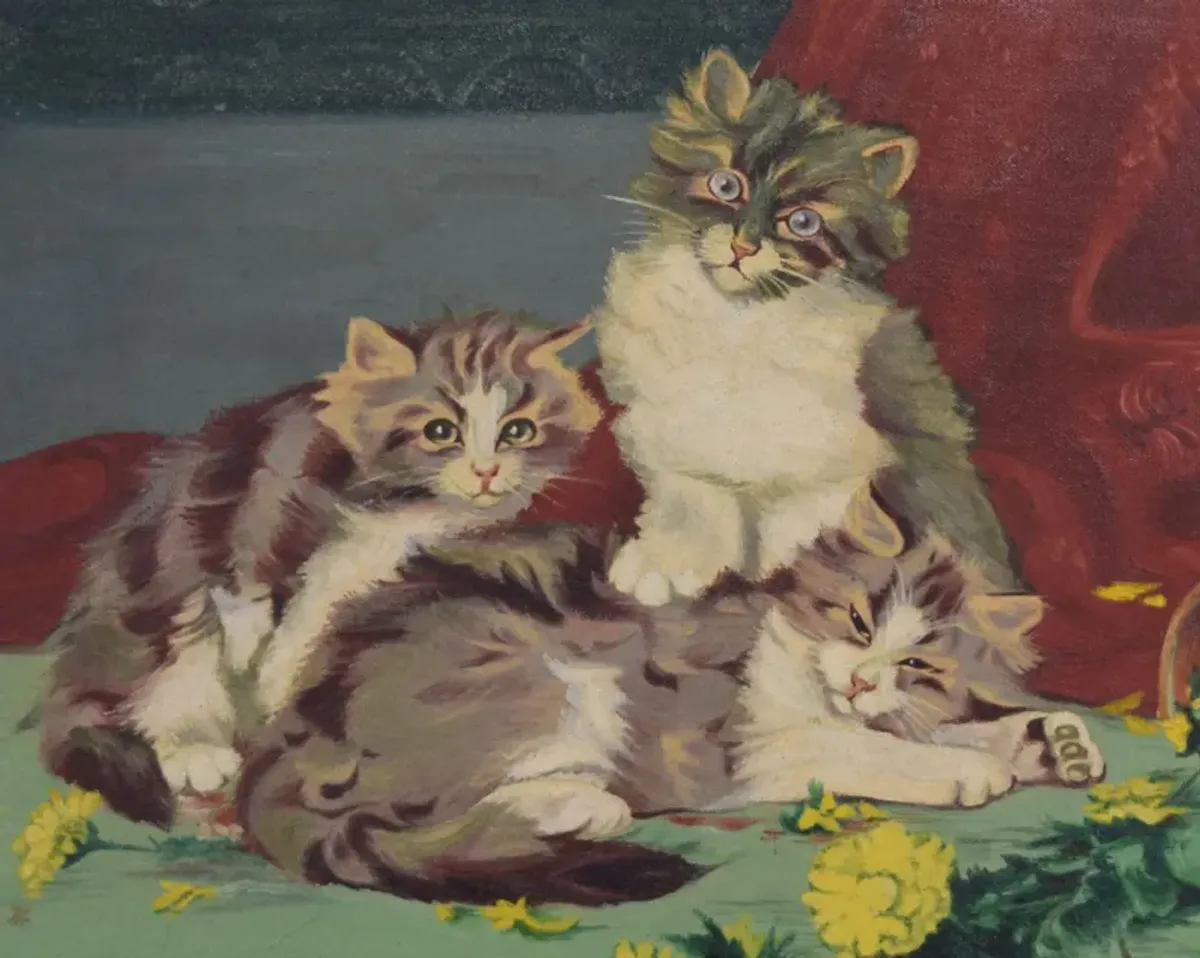 Limited Edition - Antique Oil Painting of Kittens C.1900 - Antiquarian Art Company - Purple