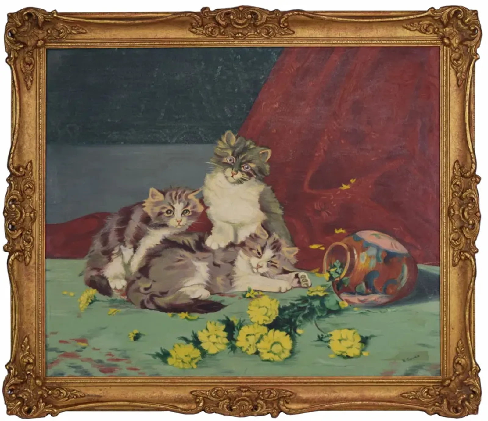 Limited Edition - Antique Oil Painting of Kittens C.1900 - Antiquarian Art Company - Purple