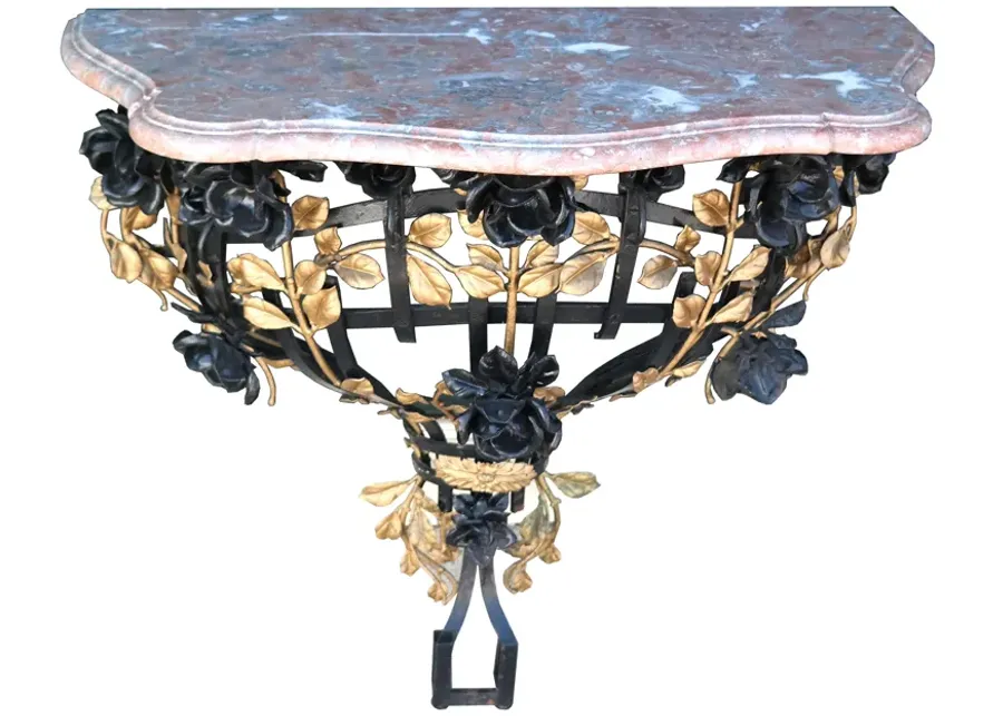 French Iron Marble Top Console C.1920 - Antiquarian Art Company - Pink